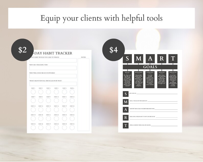 Op de afbeelding: Twee printbare werkbladen voor het stellen van doelen en het bijhouden van gewoonten. Het eerste werkblad heeft de titel "30-Day Habit Tracker" en heeft een raster met 30 cirkels om de voortgang te markeren. Het tweede werkblad heeft de titel "SMART Goals" en heeft een tabel met het acroniem SMART, dat is opgedeeld in vijf categorie&euml;n: Specifiek, Meetbaar, Haalbaar, Relevant en Tijdgebonden.