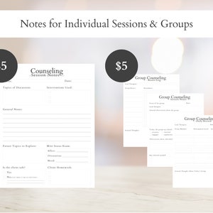 Op de afbeelding: Een set afdrukbare counseling-sessienota's voor individuele en groepsbijeenkomsten. De notities bevatten secties voor onderwerpen van discussie, gebruikte interventies, algemene notities, toekomstige onderwerpen om te verkennen, mini-status-examens, huiswerk voor cli&euml;nten en meer. De prijs is &euro;5.