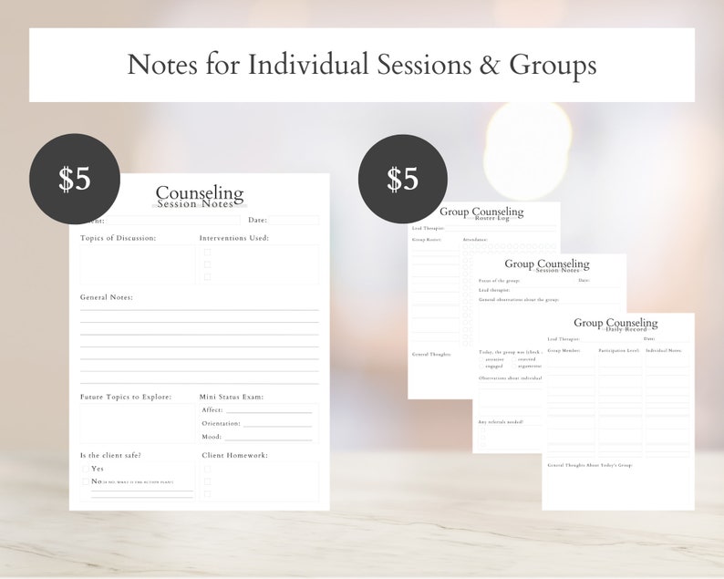 Op de afbeelding: Een set afdrukbare counseling-sessienota's voor individuele en groepsbijeenkomsten. De notities bevatten secties voor onderwerpen van discussie, gebruikte interventies, algemene notities, toekomstige onderwerpen om te verkennen, mini-status-examens, huiswerk voor cli&euml;nten en meer. De prijs is &euro;5.