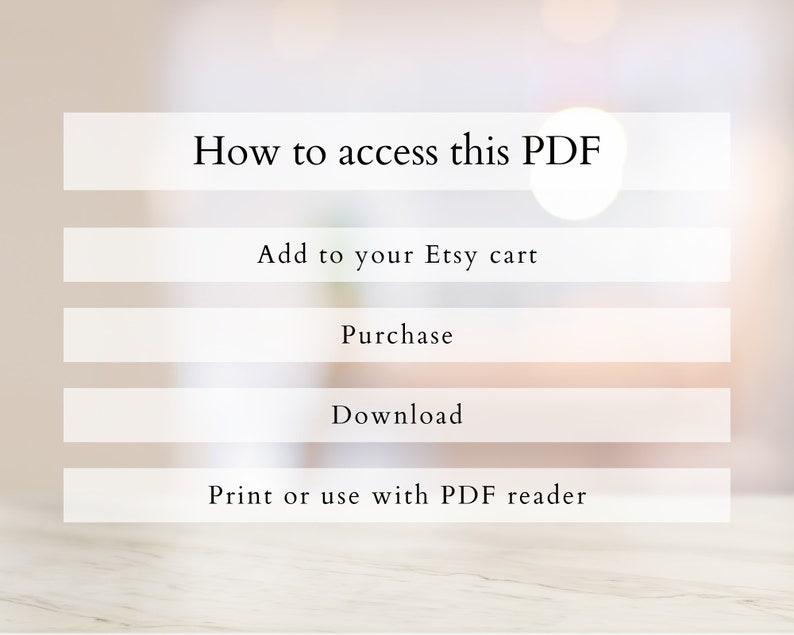 Op de afbeelding: Een witte achtergrond met zwarte tekst die de stappen beschrijft om toegang te krijgen tot een PDF-document. De tekst luidt: "Hoe toegang te krijgen tot deze PDF", "Toevoegen aan uw Etsy-winkelwagen", "Kopen", "Downloaden" en "Afdrukken of gebruiken met een PDF-reader".