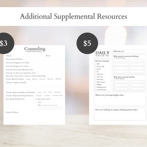 Op de afbeelding: Twee afdrukbare werkbladen voor counseling en dagelijkse zelfzorg-check-in. Het counseling-werkblad kost $ 3 en de dagelijkse zelfzorg-check-in kost $ 5.