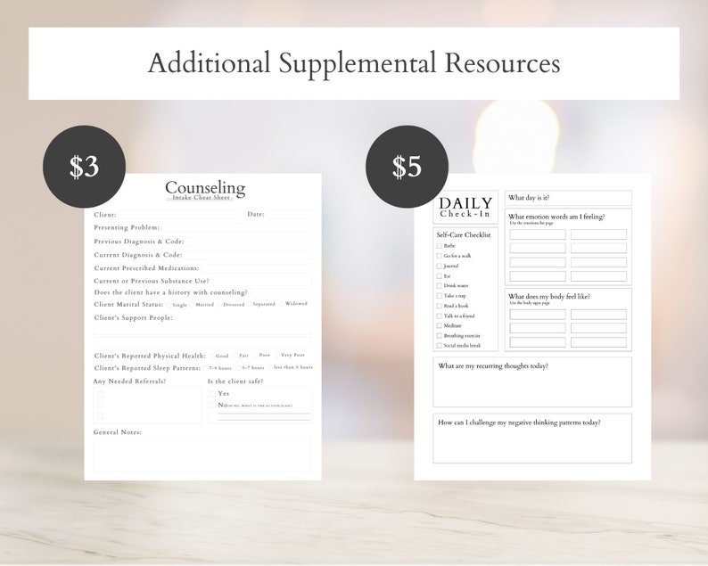 Op de afbeelding: Twee afdrukbare werkbladen voor counseling en dagelijkse zelfzorg-check-in. Het counseling-werkblad kost $ 3 en de dagelijkse zelfzorg-check-in kost $ 5.
