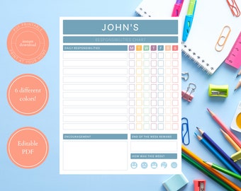 Responsibility Chart for Kids  |   Chore Chart  | Fully Editable  |  Daily and Weekly Routine | Reward System | Personalized Printable