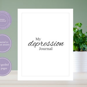 May include: Printable journal with a white background and the text "My depression Journal". The journal is designed to help people combat anxiety. It is self-guided and has 12 pages.