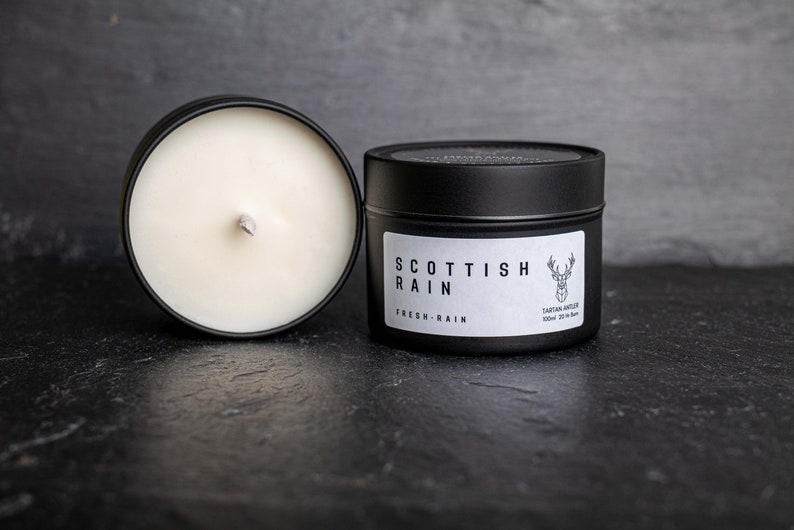 SCOTTISH RAIN Candle Scottish Candle Soy Candle Scottish Gifts Luxury Handmade Scotland 100ml Black Tin