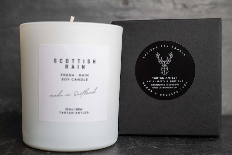 SCOTTISH RAIN Candle Scottish Candle Soy Candle Scottish Gifts Luxury Handmade Scotland 300ml White Jar