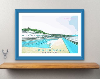 LIDO GOUROCK PRINT | Vintage Travel Poster | Lido  Poster Gourock | Scottish Art Print | Gourock Inverclyde | Outdoor Swimming