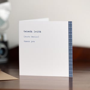 TARJETA DE AGRADECIMIENTO · Tarjeta en gaélico escocés con sobre · tabadh leibh · Tarjeta de felicitación en blanco · Regalo escocés