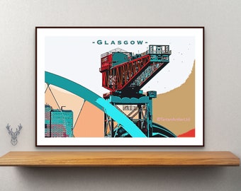 GLASGOW CRANE POSTER | Vintage Travel Poster | Glasgow Cityscape Poster | Scottish Art Print | Glasgow Scotland | Finneston Crane | Clyde