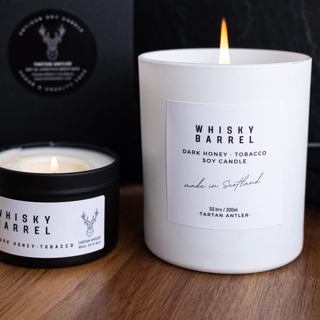 WHISKY BARREL Soy Candle • Scottish Gift • Luxury Smoky Tobacco & Honey  Scent • Artisan • Made in Scotland