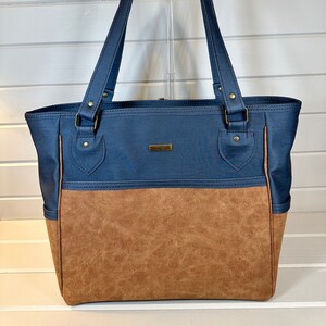 Tote, Bolso, Piel sintética, Cremallera superior, Regalos para ella, Regalo del Día de la Madre, Regalo de cumpleaños, Azul marino y marrón