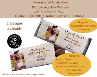 Personalized Photo Graduation Candy Bar Wrapper - Digital Printable Favor for Graduation Party, Floral, Boho, For Her