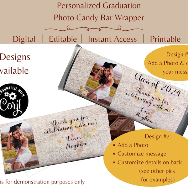 Personalized Photo Graduation Candy Bar Wrapper - Digital Printable Favor for Graduation Party, Floral, Boho, For Her