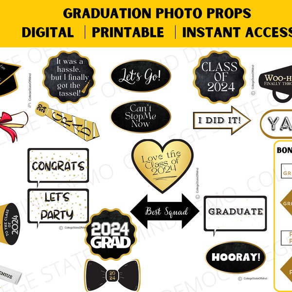 Graduation Photo Booth Props, Class of 2024 - Printable Party Decor, Photo Booth, Graduation Cap, Senior, High School,  College, Congrats