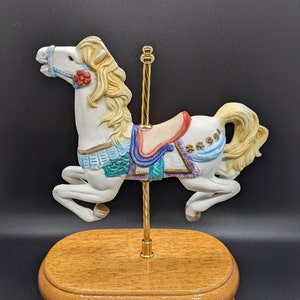 Vintage Porcelain Horse Carousel With Wood Base