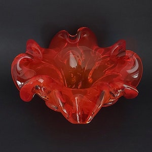 Vintage Italian Hand-Blown Murano Ashtray/Bowl Scalloped Sommerso Deep Orange 1970