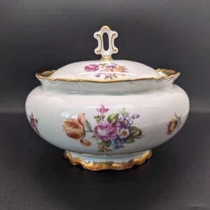 Antique Lidded Bowl, Reichenbach China Floral Dish with Gold Trim, Footed Bowl with Lid, Candy Dish, German Democratic Republic