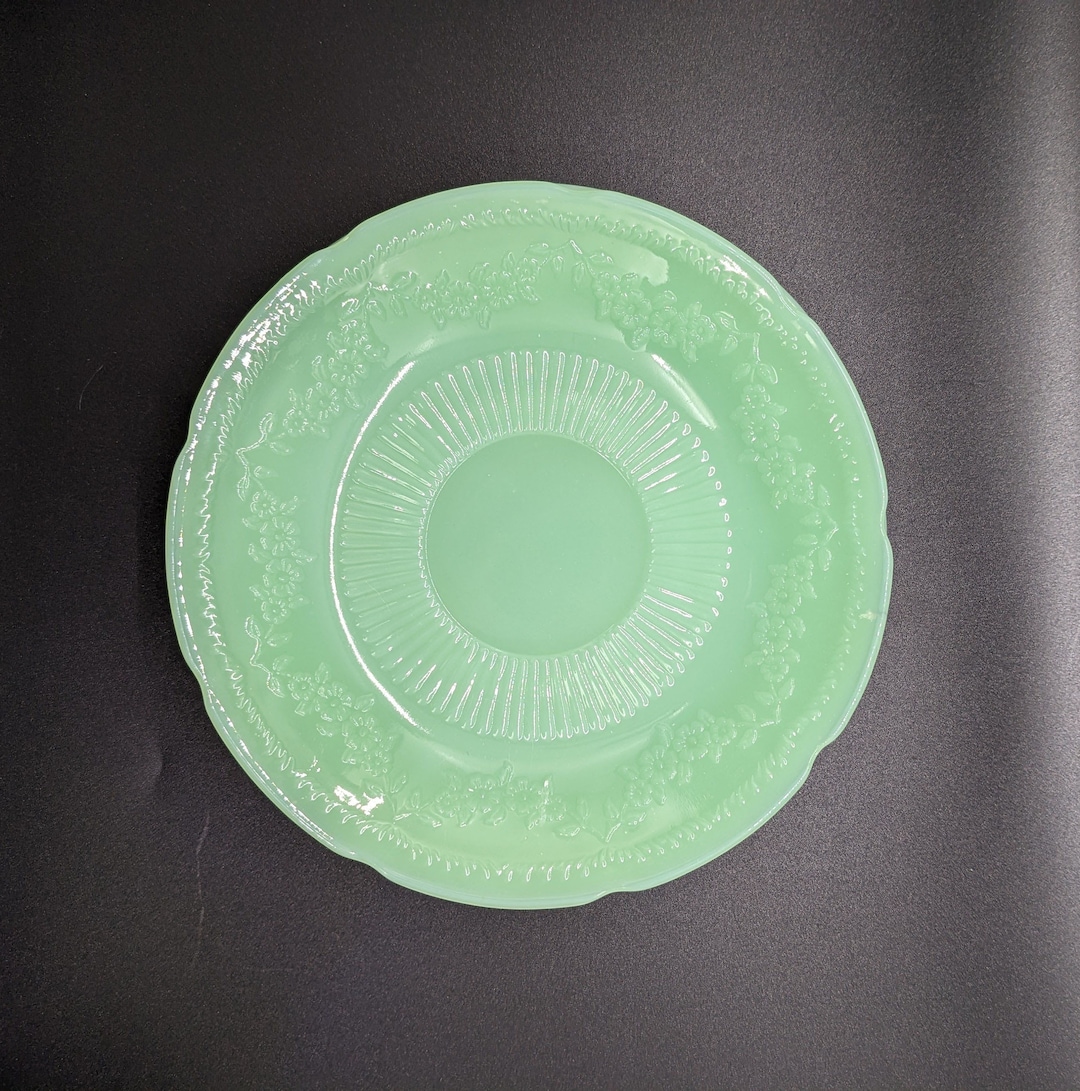 Vintage Jadeite Saucer, Set of 2, Alice Pattern, Anchor Hocking, Fire
