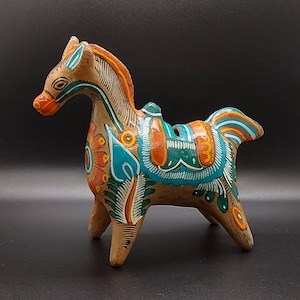 Vintage Coin Bank, Hand Painted Mexican Tonala Folk Art Horse Piggy Bank
