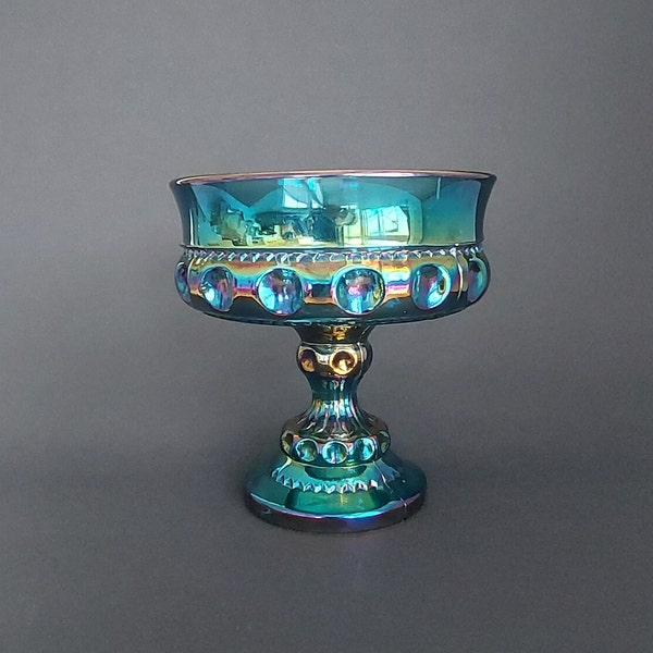 Vintage Indiana Carnival Glass Kings Crown vingerafdruk blauwe iriserende compote 5"