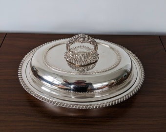 Vintage Sheffield Reproduktion Silverpläterad Täckt Serveringsfat med Glas Innermått, 1940-talet