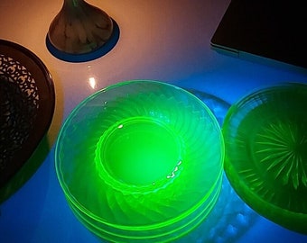 Antique Set Of 4 Uranium Side Plates Imperial Glass Glow Green Plates 1930s