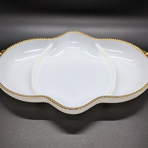 Vintage Fire King Relish Dish, Vintage Milk Glass Platter, Plate, Gold Rim, 3 Compartments