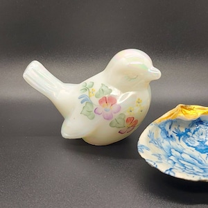Vintage Hand Painted Fenton Glass Bird Figurine Opalescent Iridescent Art Glass Signed S. Hopkins