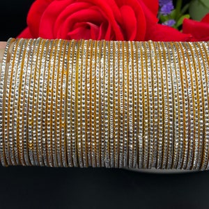 48 Metal Bangles Set in Silver and Gold – Bridal Chooriyan for Women – Rhinestone Indian Wedding Bangles – Sizes 2.6 and 2.8