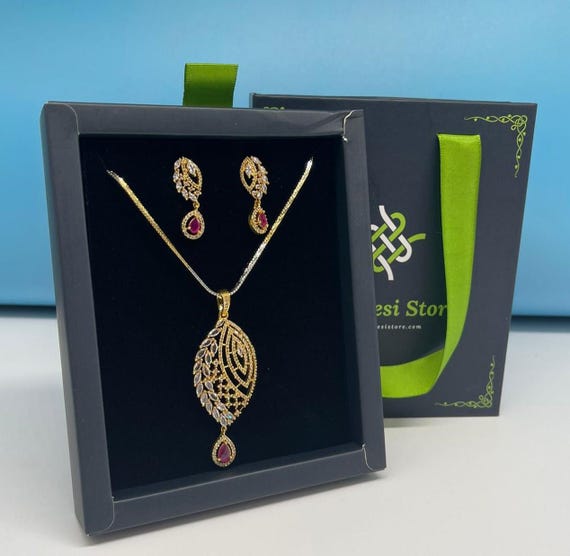 American Diamond Jewelry Set: Golden Necklace and Earrings, Indian