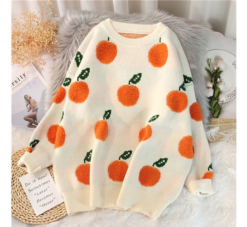 Orange Fruit Knit Sweater Jumper Pullover image 1