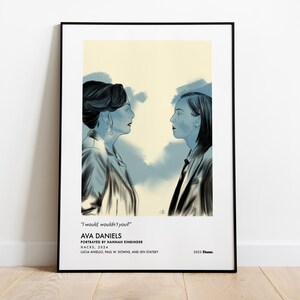 May include: Framed art print featuring a blue and white illustration of two women facing each other. The artwork includes the text "I would wouldn't you?" and "AVA DANIELS" with additional text below. The print is displayed on a white wall.