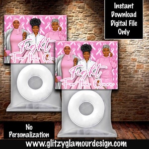 Peut inclure: Deux sacs cadeaux imprimables avec des fonds roses et des rubans roses. Les sacs présentent un graphique de trois femmes avec des rubans roses et le texte "Fight For The Cure".