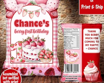 May include: Pink and white chip bag with a strawberry and cake design. The bag says "Chance's berry first birthday".