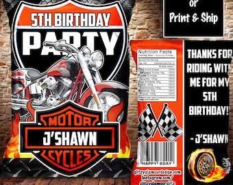 May include: A red, black, and white chip bag design with a motorcycle graphic and the text "5th Birthday Party" and "J'Shawn Cycles". The bag also includes a nutrition facts label with a humorous list of "fun" facts.