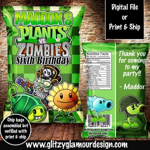 Sacchetto di patatine Plants vs Zombies, bomboniera Plants vs Zombies, festa di compleanno Plants vs Zombies, bomboniera, sacchetto di patatine di compleanno, modello per sacchetto di patatine,