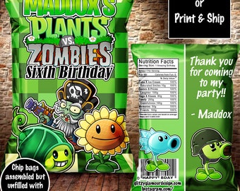 Plants vs Zombies chip bag, Plants vs Zombies favor, Plants vs Zombies birthday party, party favor, Birthday chip bag, chip bag template,