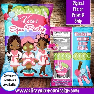May include: A pink and blue chip bag with a spa party theme. The bag features three cartoon girls with brown skin wearing white robes and pink slippers. The bag has the text "Kara's Spa Party" and "Thanks for coming to my SPA-ty."