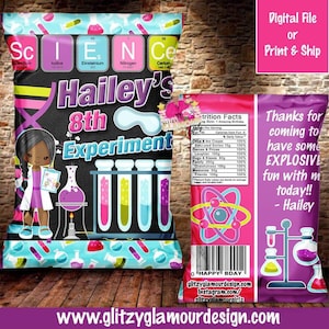 May include: A pink and purple chip bag with a science theme. The bag features a cartoon girl dressed as a scientist, test tubes, and the text "Hailey's 8th Experiment".