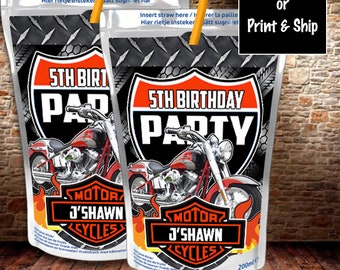 May include: Two juice pouches with motorcycle-themed graphics for a 5th birthday party. Each pouch features a red and silver motorcycle design, the text "5TH BIRTHDAY PARTY", and "MOTOR J'SHAWN CYCLES". Includes a straw and the text "Digital File or Print & Ship".