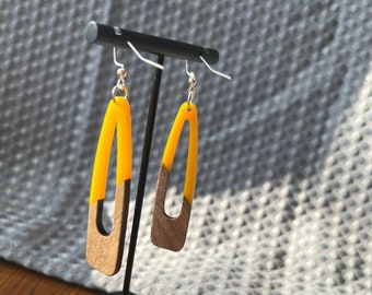 Yellow and Wooden Dangle Earrings