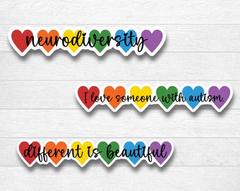 Autism Awareness Sticker: Rainbow Hearts, Neurodiversity, Waterproof Vinyl