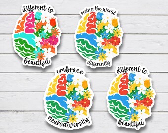 Neurodiversity Sticker: Autism Awareness, Colorful Brain & Flowers