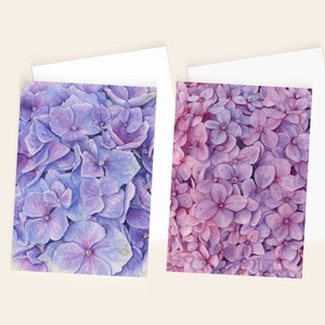 Set hortensia ansichtkaarten met enveloppen, ansichtkaart met botanische kunst, blanco kaart, roze bloemen ansichtkaart, hortensia print, blauwe bloemen