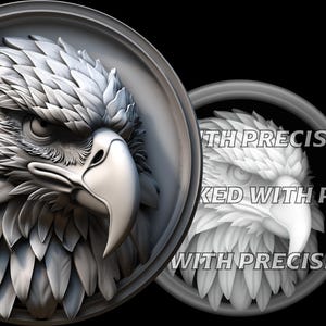 May include: A detailed 3D model of an eagle's head, carved in a circular frame. The eagle's feathers are meticulously sculpted, and its sharp beak is prominent. The model is rendered in grayscale, highlighting the intricate details.