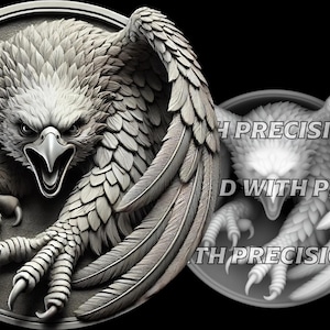 May include: A detailed 3D model of a bald eagle with its wings spread, talons extended, and a fierce expression. The eagle is rendered in a realistic style, with intricate details of its feathers and claws.