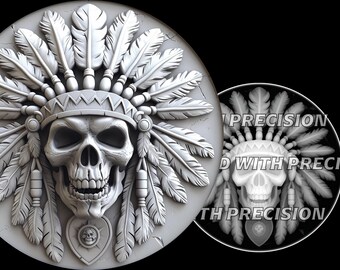 Indian Skull and Headdress Depth Map for laser engraving PNG