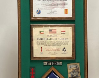 Custom Double Certificate Shadow Box - Military Retirement & Veteran Memorial Case - Handcrafted Solid Wood