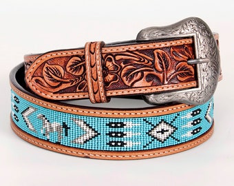 Beautifully Hand Crafted In Genuine Western Fashion Leather Men And Women Belt With Inlaid Bead Work Brown,Hand Carved Tooled Belt BEE104-BT