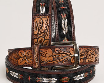 Premium Quality Hand Carved Western Genuine Leather Men & Women Belt With Beaded Inlay ,Hand Carved, Hand Tooled Belt Brown HSBT103